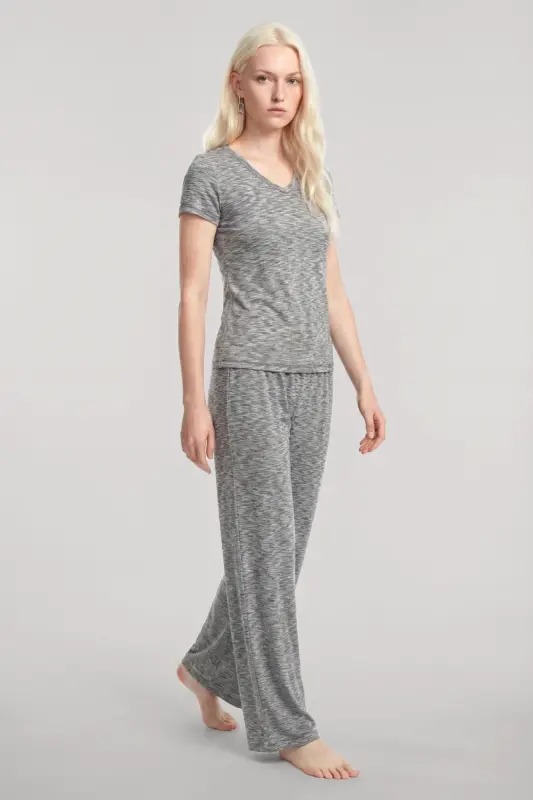 Angelino V-Neck Soft Textured Pajama Set Gray - BÜYÜKBEDENIZ