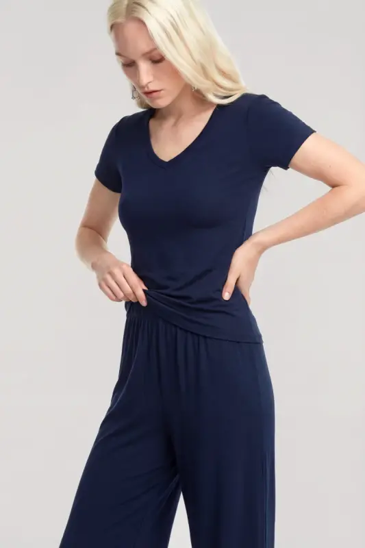 Angelino V-Neck Soft Textured Pajama Set Navy Blue - BÜYÜKBEDENIZ