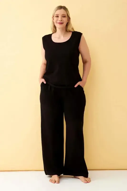 Angelino Women's Black Linen Jacquard Plus Size Pant Suit - 1