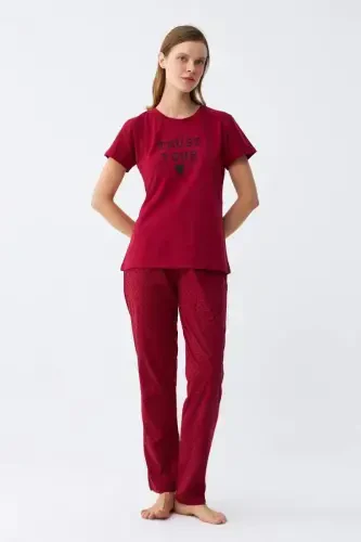 Angelino Women's Burgundy Heart Patterned Short Sleeve Jersey Pajama Set - BÜYÜKBEDENIZ (1)