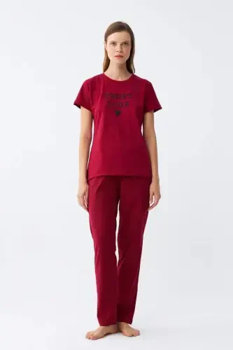 Angelino Women's Burgundy Heart Patterned Short Sleeve Jersey Pajama Set - 4