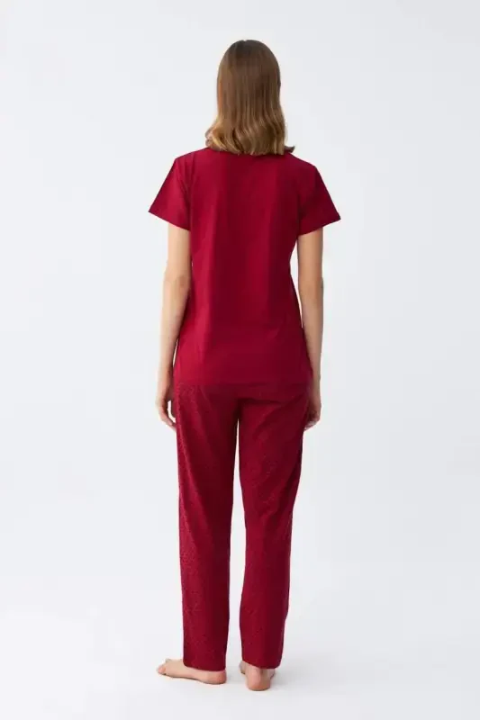 Angelino Women's Burgundy Heart Patterned Short Sleeve Jersey Pajama Set - 6