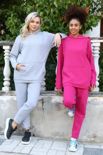 Angelino Women's Cotton Hooded Pocket 3 Thread Grey Sweatsuit 9037 - 11