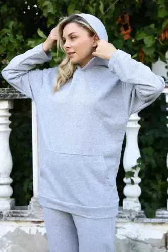 Angelino Women's Cotton Hooded Pocket 3 Thread Grey Sweatsuit 9037 - 4