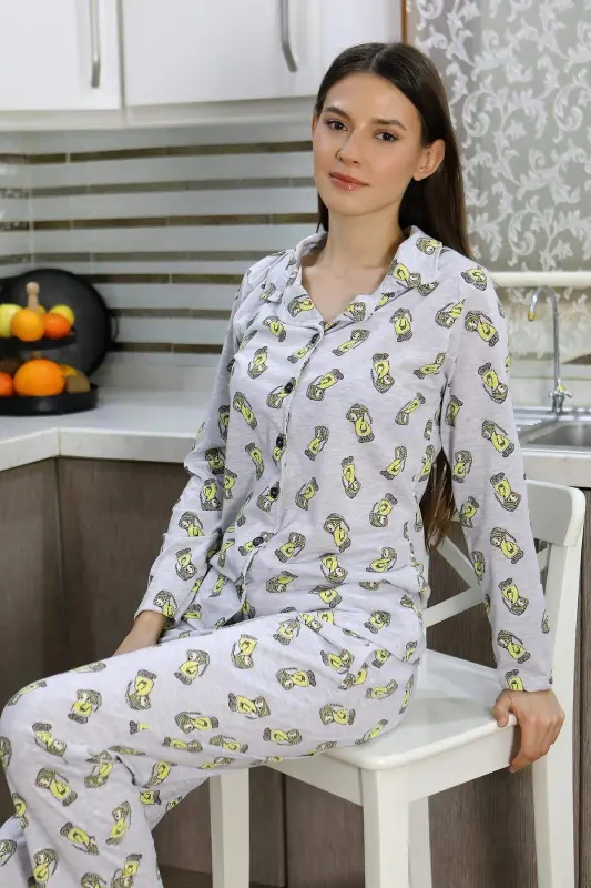 Angelino Women's Cotton Jersey Button-Front Long Sleeve Pajama Set Gray 2784 - 3