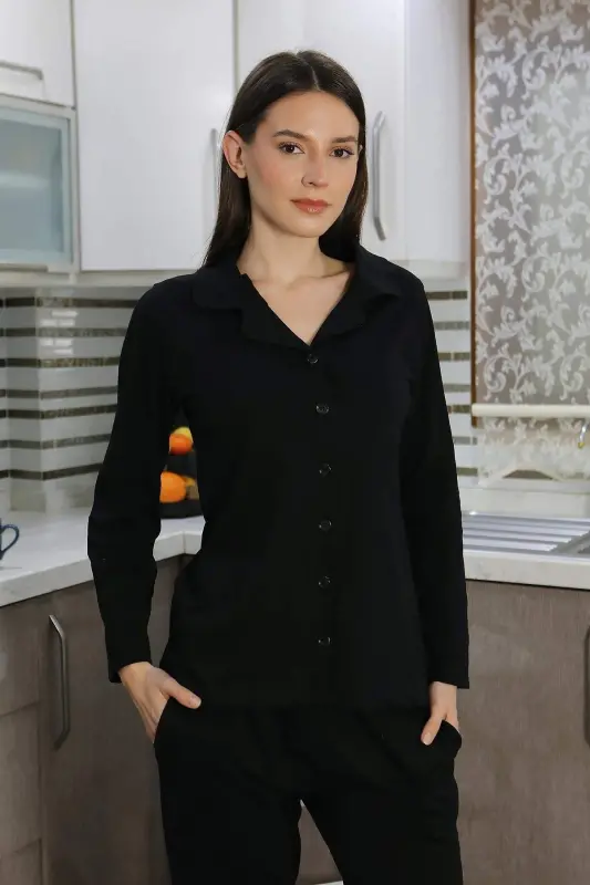 Angelino Women's Cotton Jersey Front Buttoned Long Sleeve Pajama Set Black 2783 - BÜYÜKBEDENIZ