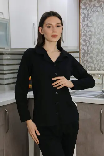 Angelino Women's Cotton Jersey Front Buttoned Long Sleeve Pajama Set Black 2783 - BÜYÜKBEDENIZ (1)