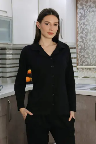 Angelino Women's Cotton Jersey Front Buttoned Long Sleeve Pajama Set Black 2783 - 1