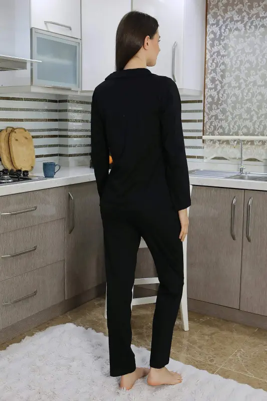 Angelino Women's Cotton Jersey Front Buttoned Long Sleeve Pajama Set Black 2783 - 3