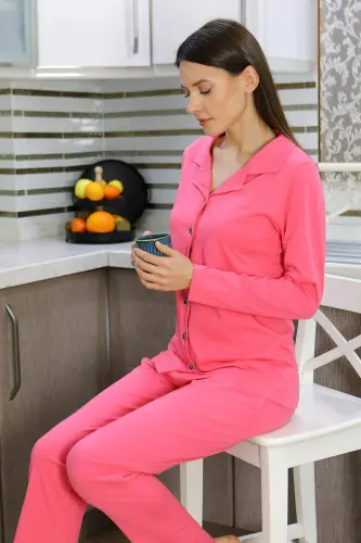 Angelino Women's Cotton Jersey Front Buttoned Long Sleeve Pajama Set Pink 2783 - 1