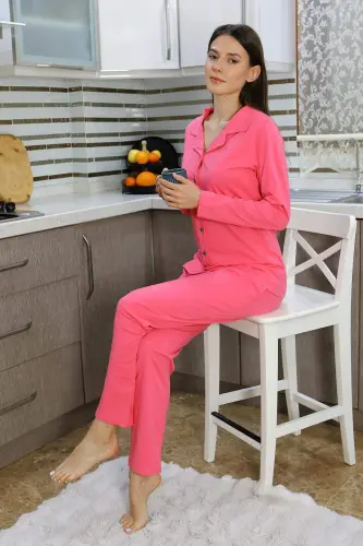 Angelino Women's Cotton Jersey Front Buttoned Long Sleeve Pajama Set Pink 2783 - 3