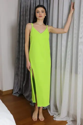 Angelino Women's Cotton Jersey Nightgown with Thin Straps and Long Slit Neon Green 90125 - 4