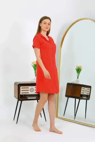 Angelino Women's Cotton Jersey Short Sleeve Buttoned Red Tunic Nightgown 13112 - BÜYÜKBEDENIZ (1)