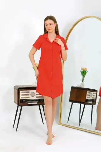 Angelino Women's Cotton Jersey Short Sleeve Buttoned Red Tunic Nightgown 13112 - 4