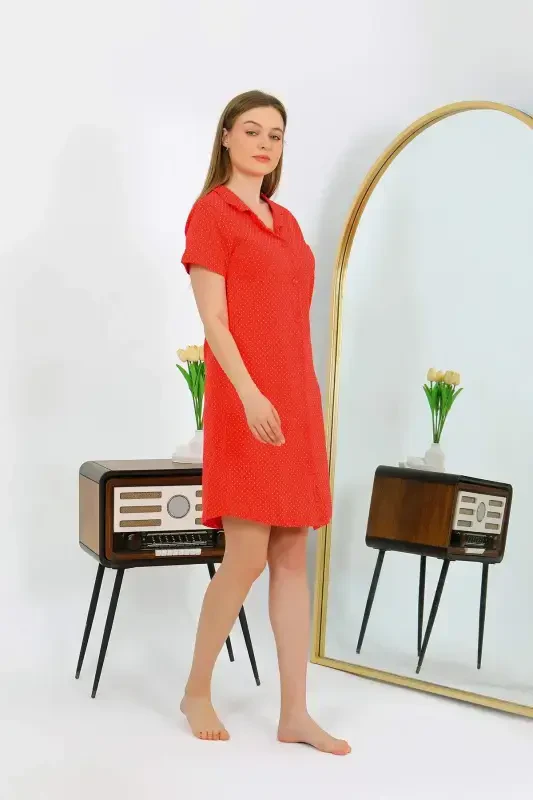 Angelino Women's Cotton Jersey Short Sleeve Buttoned Red Tunic Nightgown 13112 - 2