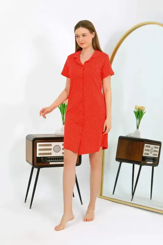 Angelino Women's Cotton Jersey Short Sleeve Buttoned Red Tunic Nightgown 13112 - 3