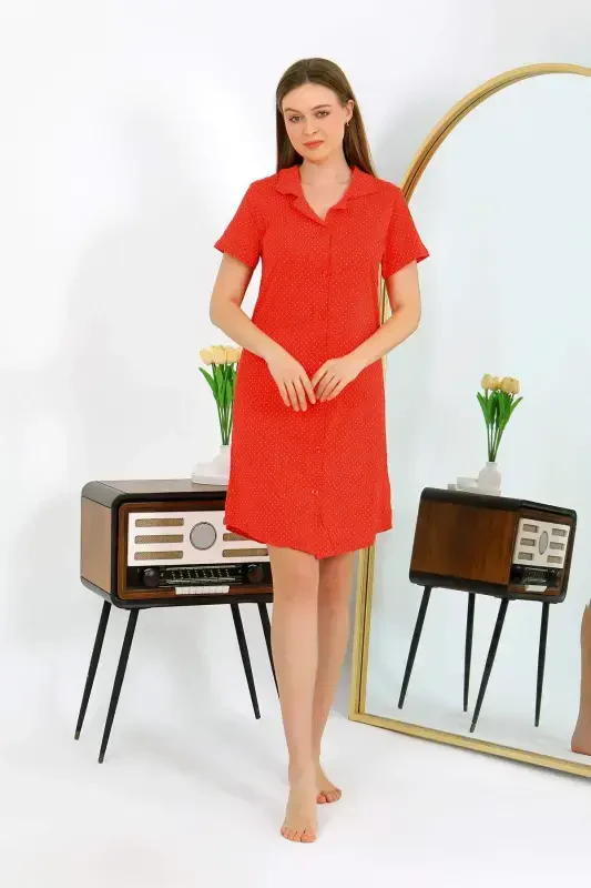Angelino Women's Cotton Jersey Short Sleeve Buttoned Red Tunic Nightgown 13112 - 5