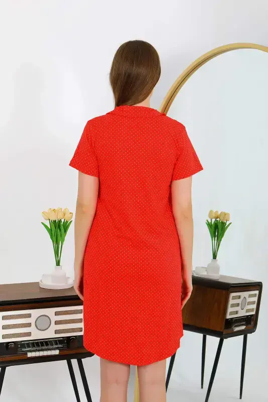 Angelino Women's Cotton Jersey Short Sleeve Buttoned Red Tunic Nightgown 13112 - 6