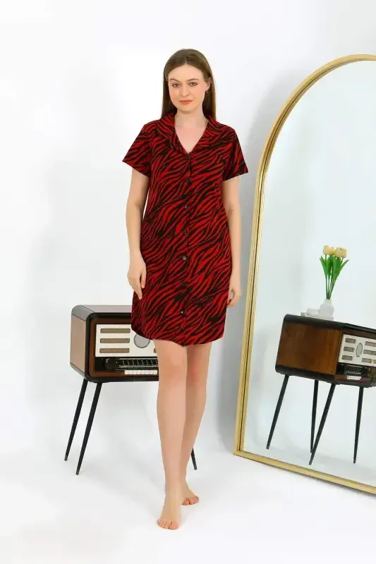 Angelino Women's Cotton Short Sleeve Buttoned Burgundy Tunic Nightgown 13112 - 2