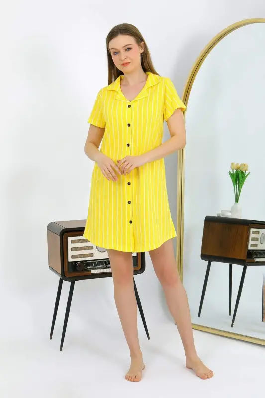 Angelino Women's Cotton Short Sleeve Buttoned Yellow Tunic Nightgown 13111 - 6