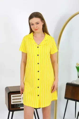 Angelino Women's Cotton Short Sleeve Buttoned Yellow Tunic Nightgown 13111 - 1