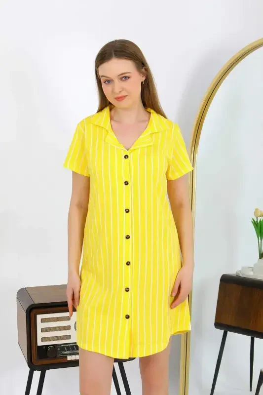Angelino Women's Cotton Short Sleeve Buttoned Yellow Tunic Nightgown 13111 - 1