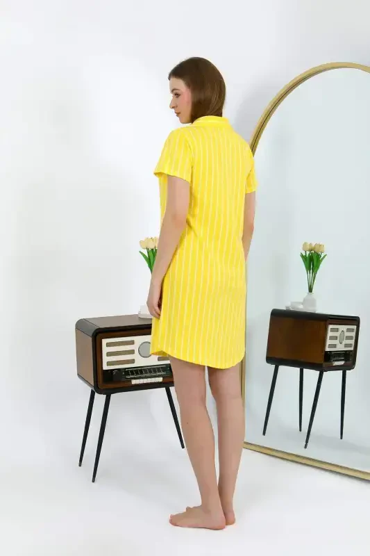 Angelino Women's Cotton Short Sleeve Buttoned Yellow Tunic Nightgown 13111 - 4