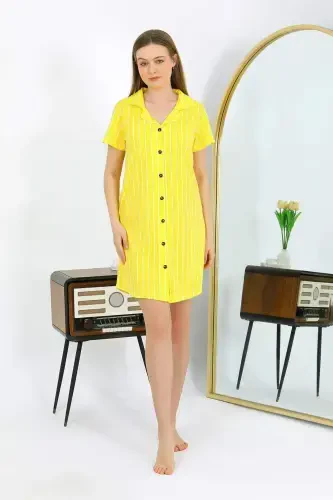 Angelino Women's Cotton Short Sleeve Buttoned Yellow Tunic Nightgown 13111 - 5