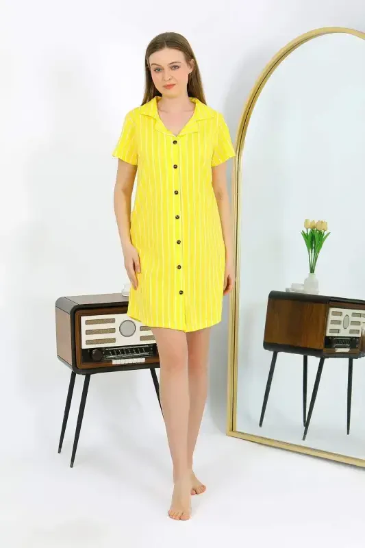 Angelino Women's Cotton Short Sleeve Buttoned Yellow Tunic Nightgown 13111 - 5