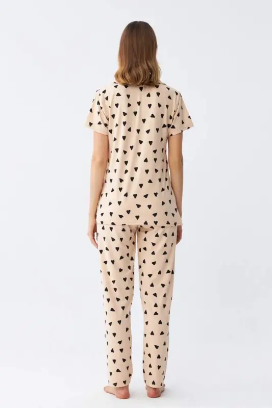Angelino Women's Cream Heart Patterned Front Buttoned Pajama Set - 5