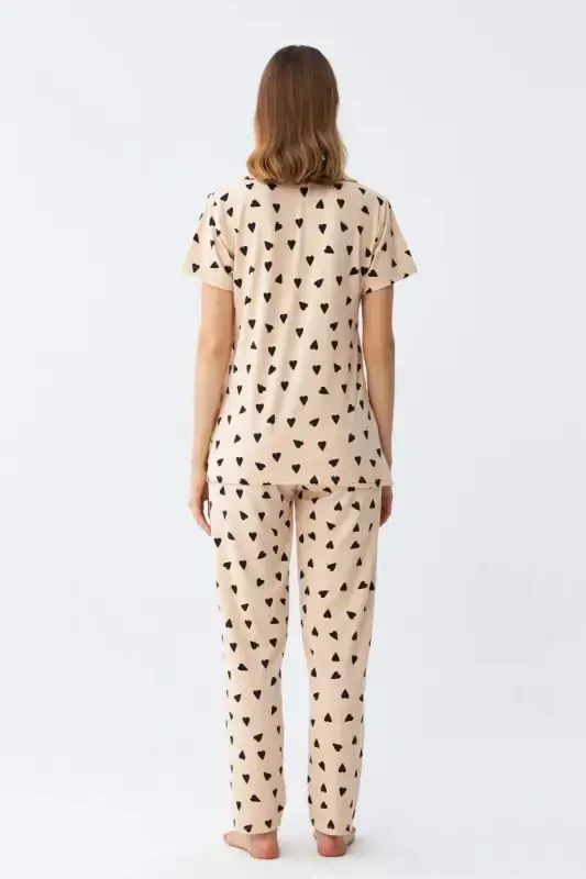 Angelino Women's Cream Heart Patterned Front Buttoned Pajama Set - 5