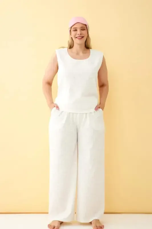 Angelino Women's Ecru Linen Jacquard Plus Size Set - 4