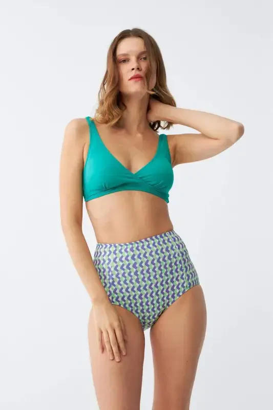 Angelino Women's Green Padded Geometric Patterned High Waist Bikini Set - BÜYÜKBEDENIZ