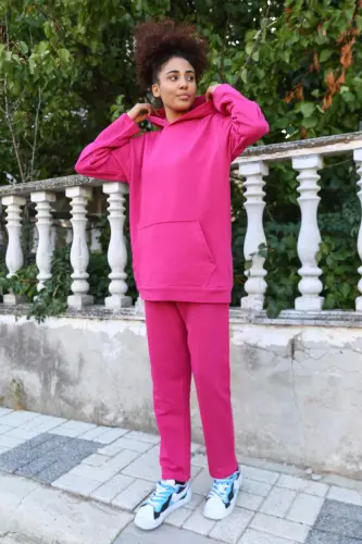 Angelino Women's Hooded Pocket Cotton 3 Thread Fuchsia Jogging Suit 9037 - 5