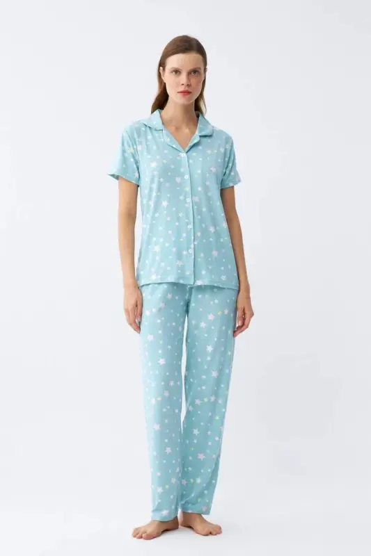 Angelino Women's Ice Blue Star Patterned Front Buttoned Pajama Set - BÜYÜKBEDENIZ
