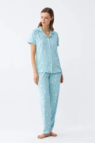 Angelino Women's Ice Blue Star Patterned Front Buttoned Pajama Set - 3