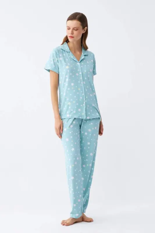 Angelino Women's Ice Blue Star Patterned Front Buttoned Pajama Set - 3