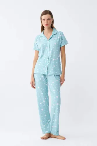 Angelino Women's Ice Blue Star Patterned Front Buttoned Pajama Set - 5