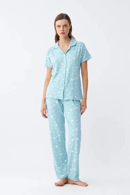 Angelino Women's Ice Blue Star Patterned Front Buttoned Pajama Set - 5