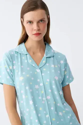 Angelino Women's Ice Blue Star Patterned Front Buttoned Pajama Set - BÜYÜKBEDENIZ (1)