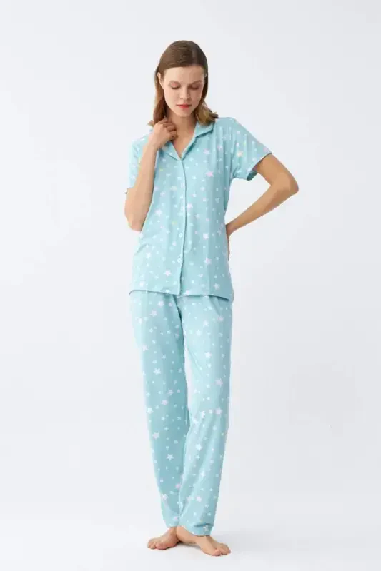 Angelino Women's Ice Blue Star Patterned Front Buttoned Pajama Set - 4
