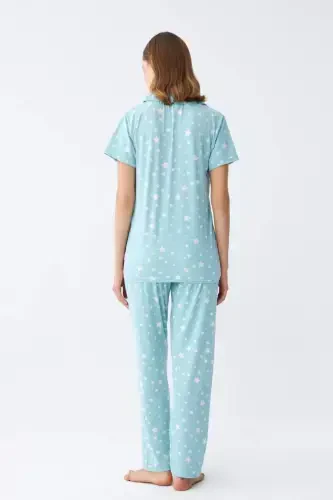 Angelino Women's Ice Blue Star Patterned Front Buttoned Pajama Set - 6