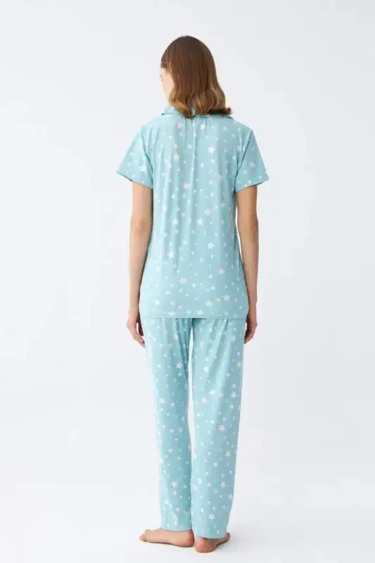Angelino Women's Ice Blue Star Patterned Front Buttoned Pajama Set - 6