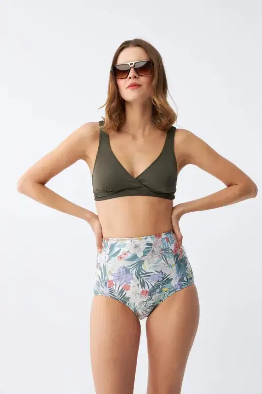 Angelino Women's Khaki Padded Top and High Waist Floral Patterned Bikini Set - 3