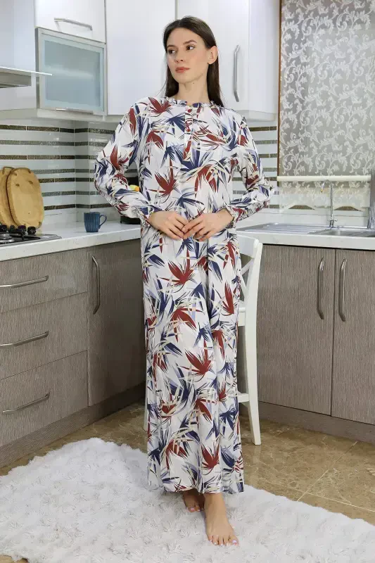 Angelino Women's Long Sleeve Cotton Nightgown House Dress Cream 25500 - BÜYÜKBEDENIZ