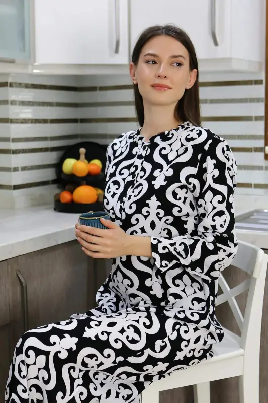 Angelino Women's Long Sleeve Knitted Nightgown Home Dress Black 25500 - 2