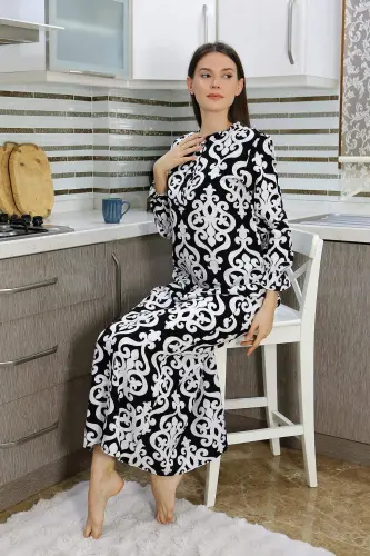 Angelino Women's Long Sleeve Knitted Nightgown Home Dress Black 25500 - 5