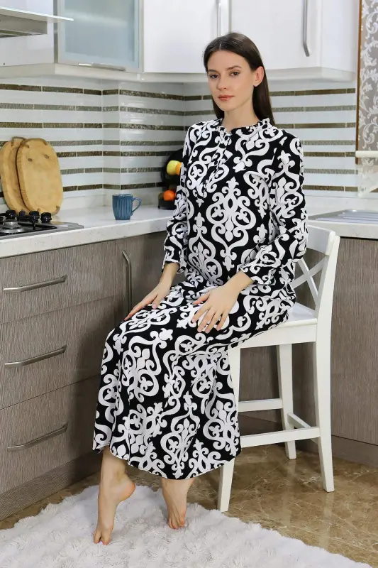 Angelino Women's Long Sleeve Knitted Nightgown Home Dress Black 25500 - 3