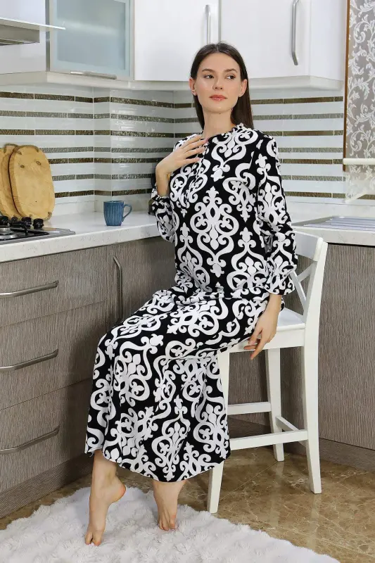 Angelino Women's Long Sleeve Knitted Nightgown Home Dress Black 25500 - 5