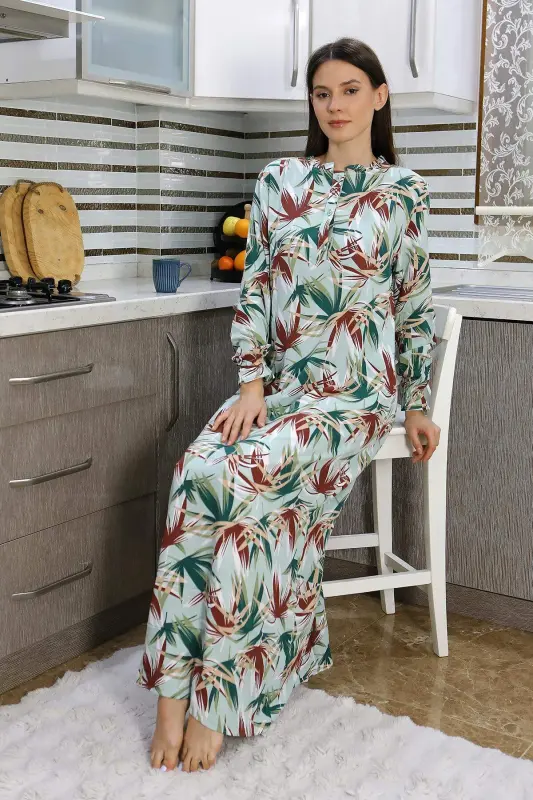 Angelino Women's Long Sleeve Knitted Nightgown Home Dress Green 25500 - 5
